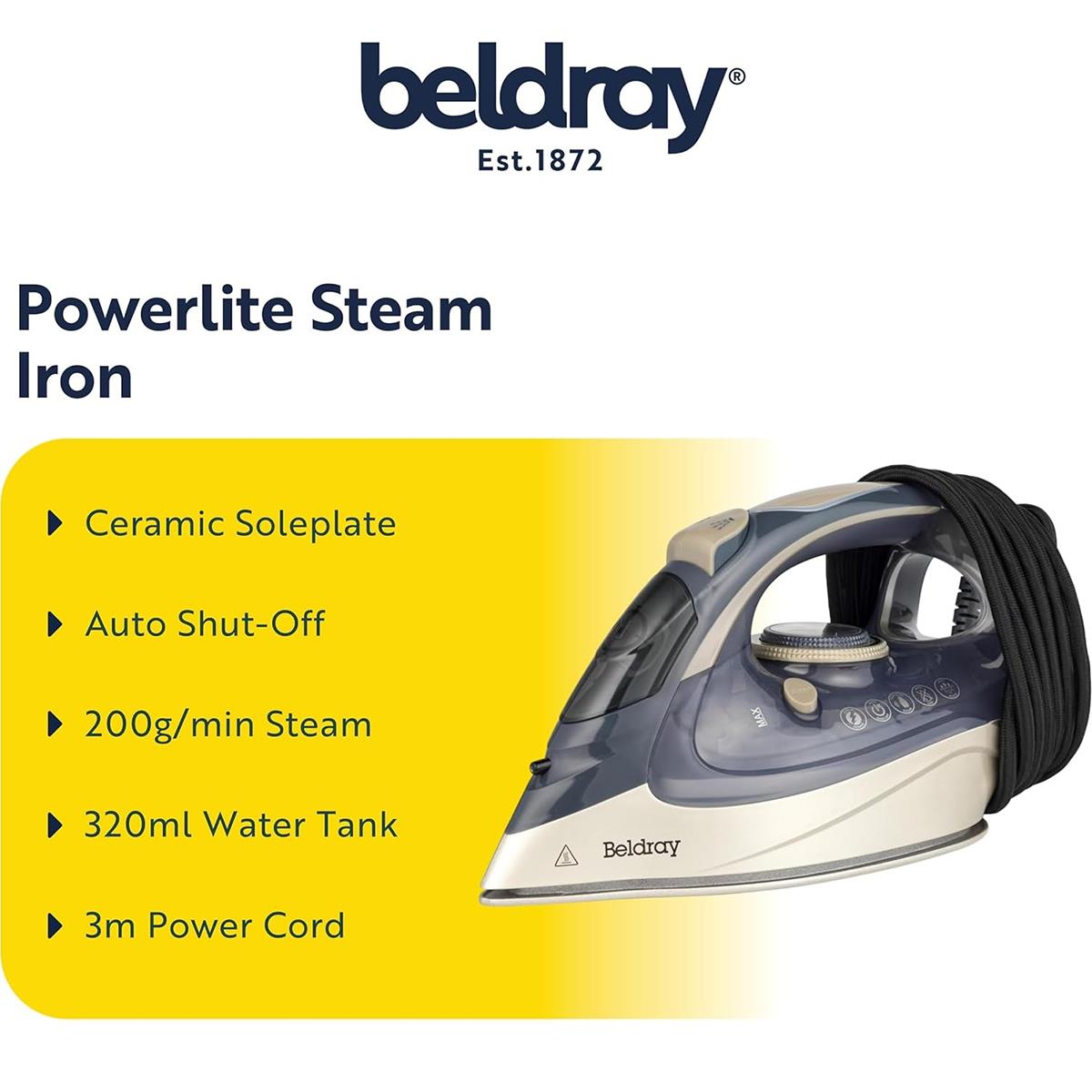 Beldray Powerlite Steam Iron 3200W Ceramic Soleplate Auto Shut-Off 320ml Water Tank Titanium
