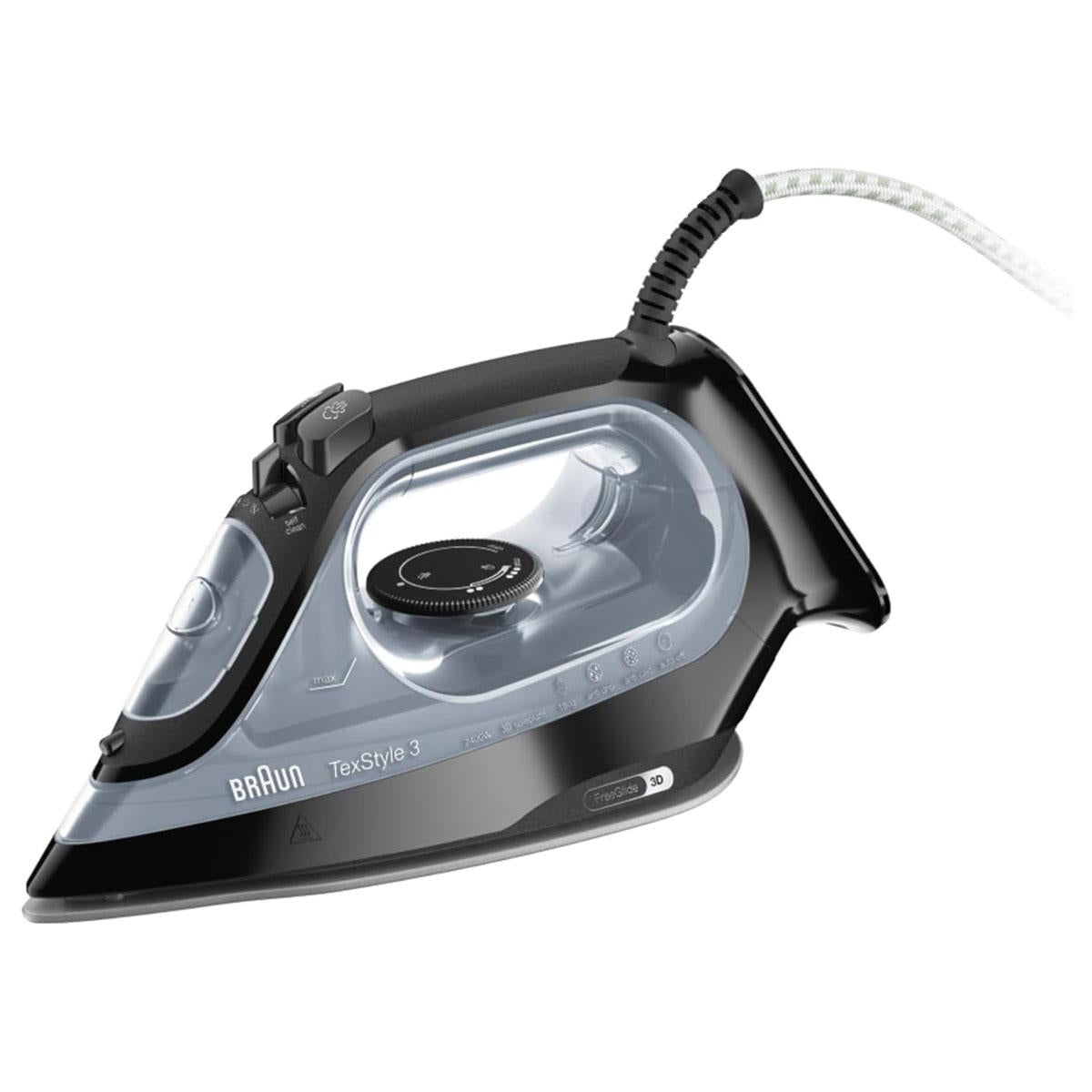 Braun TexStyle 3 Steam Iron 2400W FreeGlide 3D Ceramic Soleplate 180g Steam Shot Auto Shut-Off Black