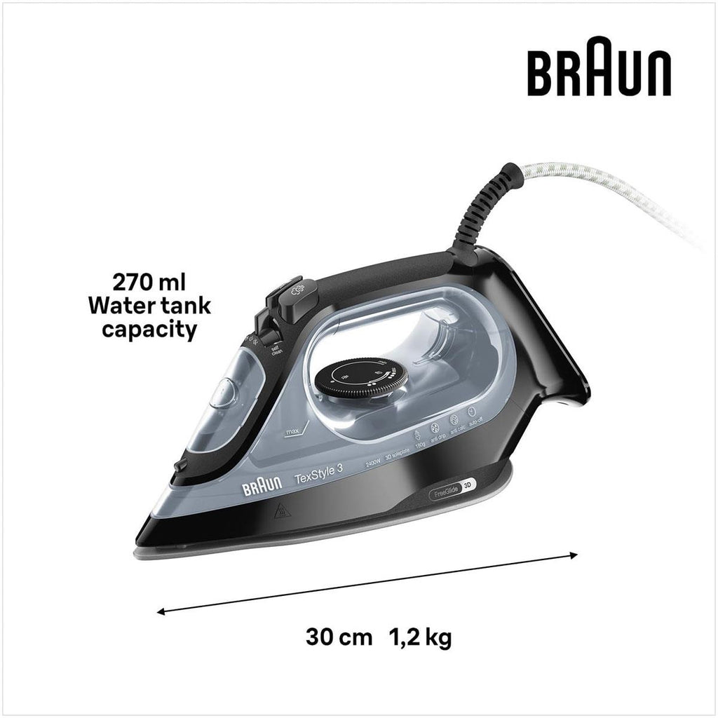 Braun TexStyle 3 Steam Iron 2400W FreeGlide 3D Ceramic Soleplate 180g Steam Shot Auto Shut-Off Black