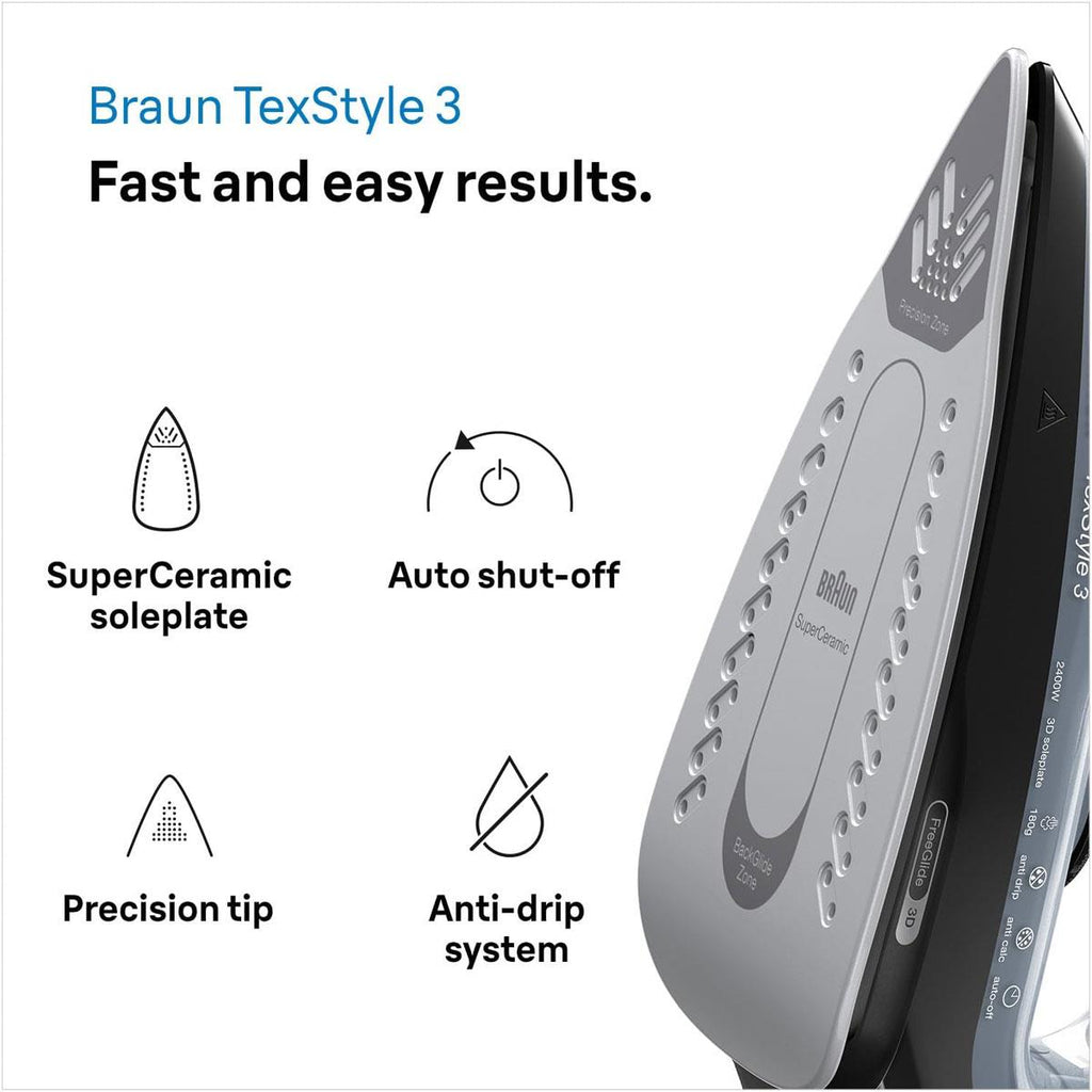 Braun TexStyle 3 Steam Iron 2400W FreeGlide 3D Ceramic Soleplate 180g Steam Shot Auto Shut-Off Black