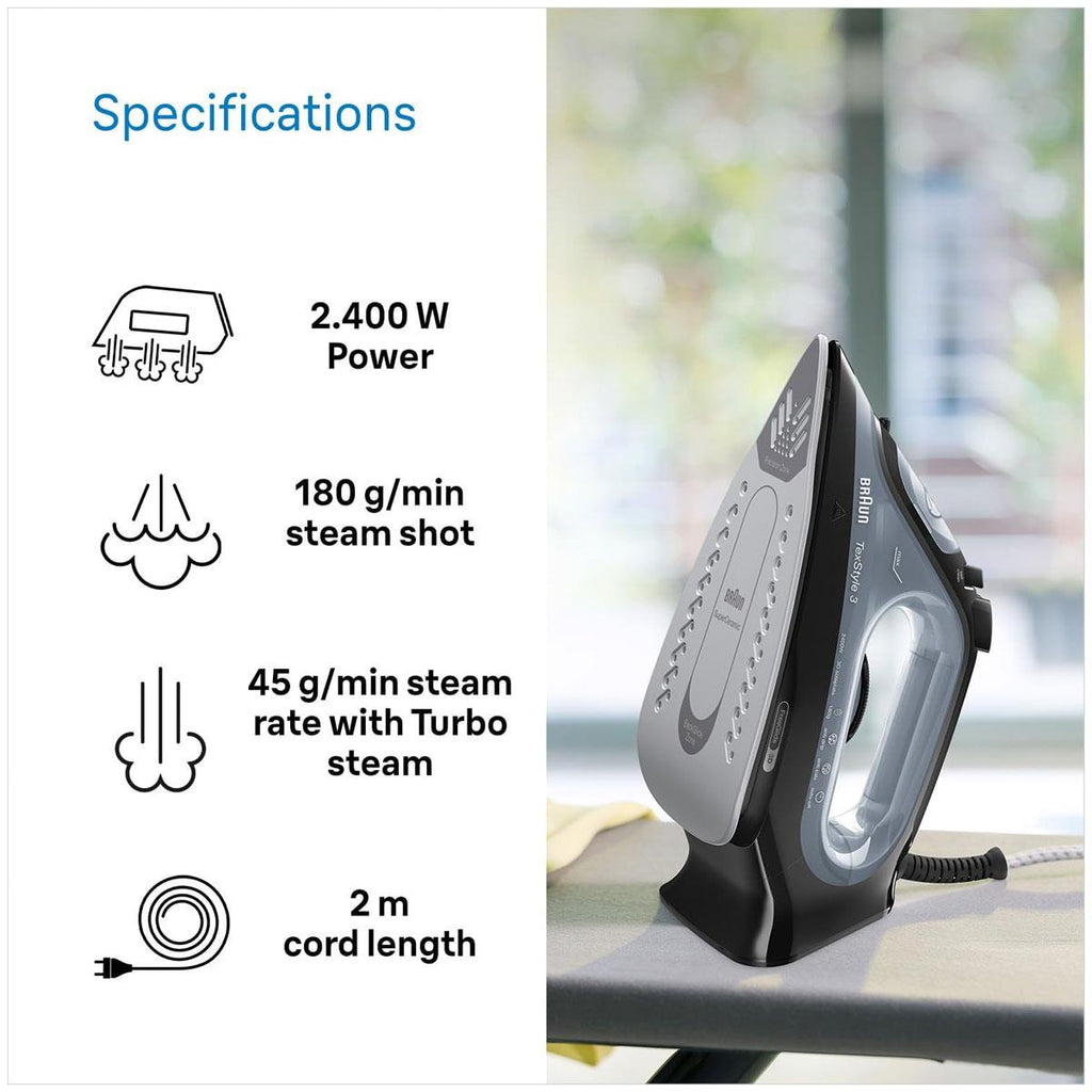 Braun TexStyle 3 Steam Iron 2400W FreeGlide 3D Ceramic Soleplate 180g Steam Shot Auto Shut-Off Black