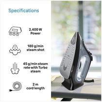Braun TexStyle 3 Steam Iron 2400W FreeGlide 3D Ceramic Soleplate 180g Steam Shot Auto Shut-Off Black