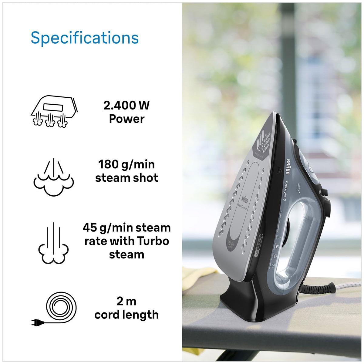 Braun TexStyle 3 Steam Iron 2400W FreeGlide 3D Ceramic Soleplate 180g Steam Shot Auto Shut-Off Black