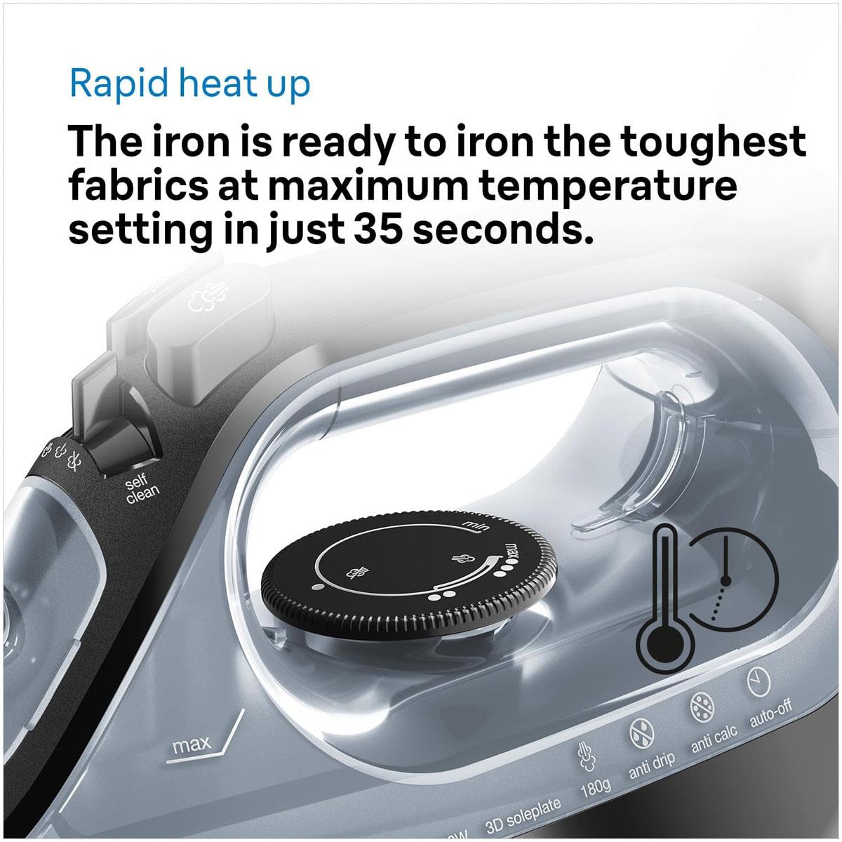 Braun TexStyle 3 Steam Iron 2400W FreeGlide 3D Ceramic Soleplate 180g Steam Shot Auto Shut-Off Black