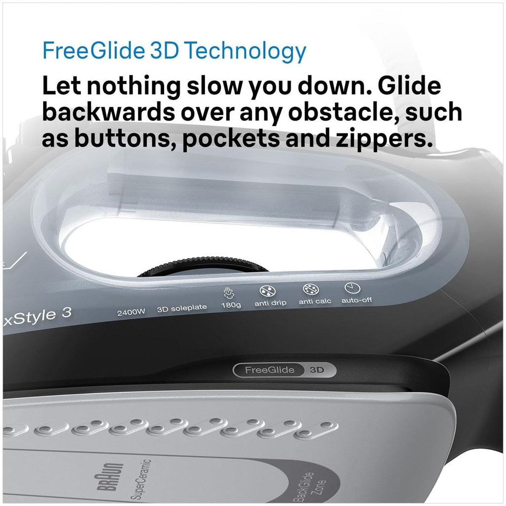 Braun TexStyle 3 Steam Iron 2400W FreeGlide 3D Ceramic Soleplate 180g Steam Shot Auto Shut-Off Black