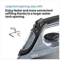 Braun TexStyle 3 Steam Iron 2400W FreeGlide 3D Ceramic Soleplate 180g Steam Shot Auto Shut-Off Black