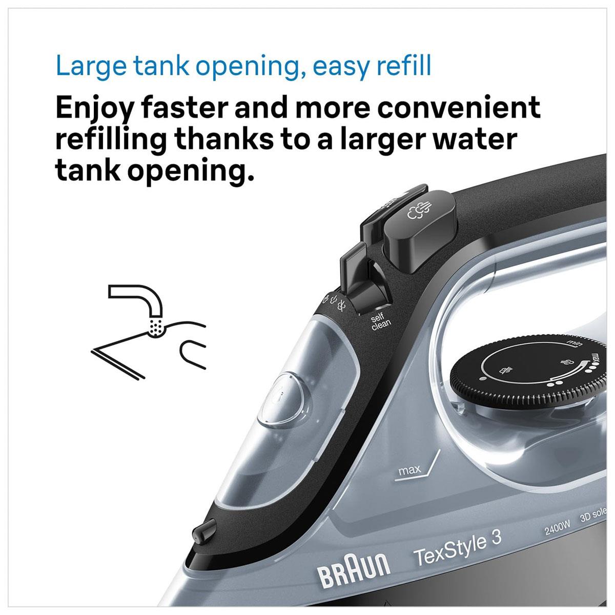 Braun TexStyle 3 Steam Iron 2400W FreeGlide 3D Ceramic Soleplate 180g Steam Shot Auto Shut-Off Black