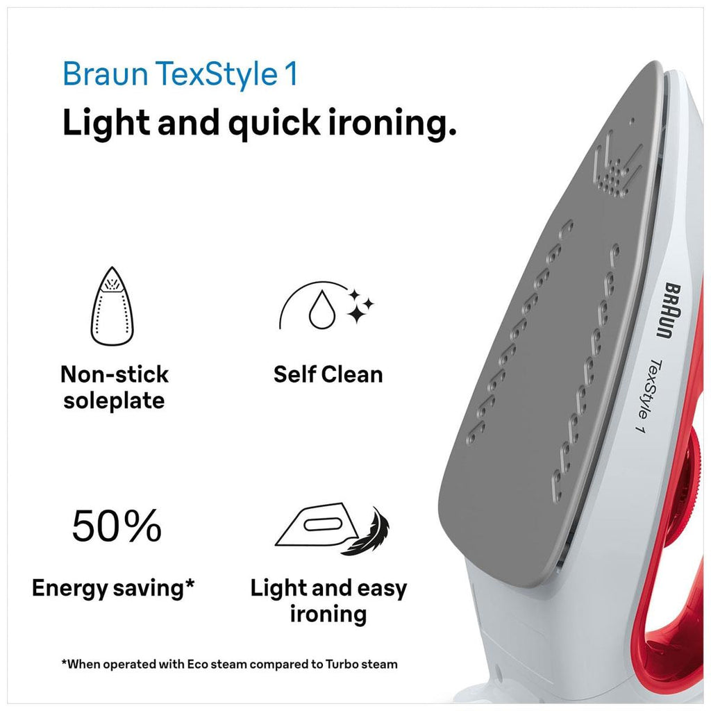 Braun TexStyle 1 Steam Iron 1900W Non-Stick Soleplate 120g Steam Shot 220ml Water Tank Red/White