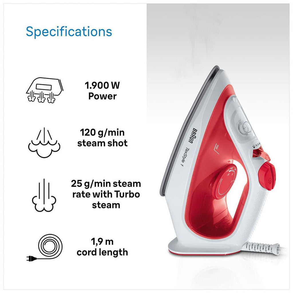 Braun TexStyle 1 Steam Iron 1900W Non-Stick Soleplate 120g Steam Shot 220ml Water Tank Red/White