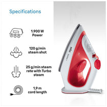 Braun TexStyle 1 Steam Iron 1900W Non-Stick Soleplate 120g Steam Shot 220ml Water Tank Red/White