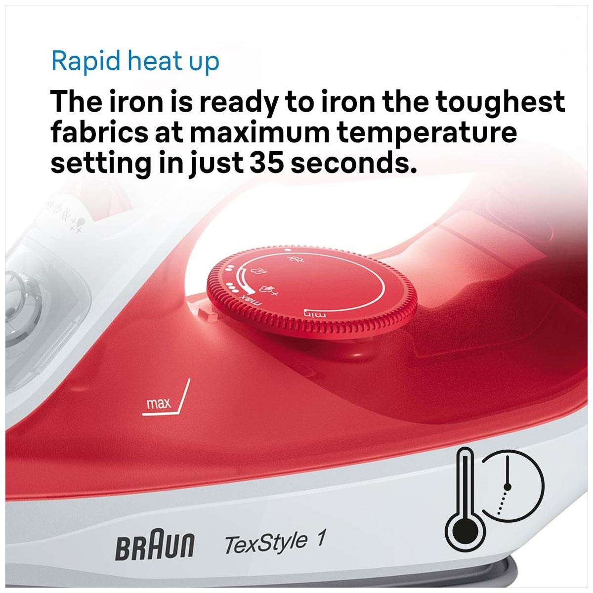 Braun TexStyle 1 Steam Iron 1900W Non-Stick Soleplate 120g Steam Shot 220ml Water Tank Red/White