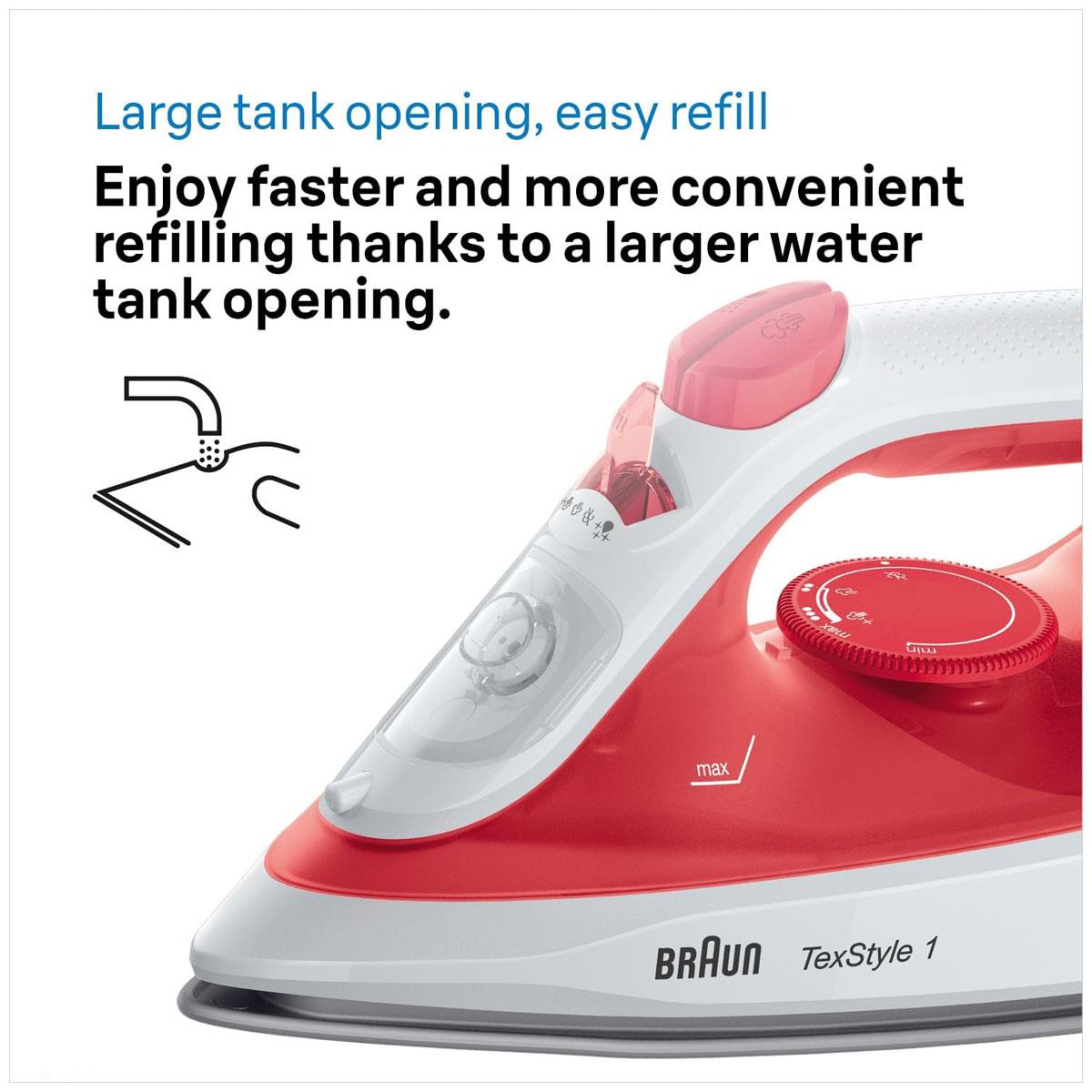 Braun TexStyle 1 Steam Iron 1900W Non-Stick Soleplate 120g Steam Shot 220ml Water Tank Red/White