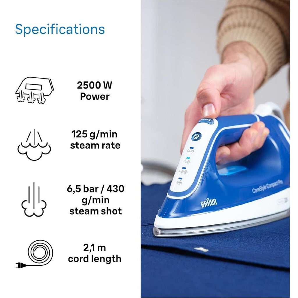 Braun CareStyle Compact Pro Steam Generator Iron 2400W FreeGlide 3D Soleplate 1.5L Tank Blue