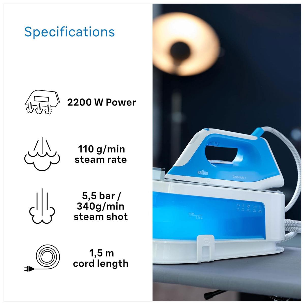 Braun CareStyle 1 Pro Steam Generator Iron with FreeGlide 3D SuperCeramic Soleplate 2200W 1.5L Water Tank White/Blue