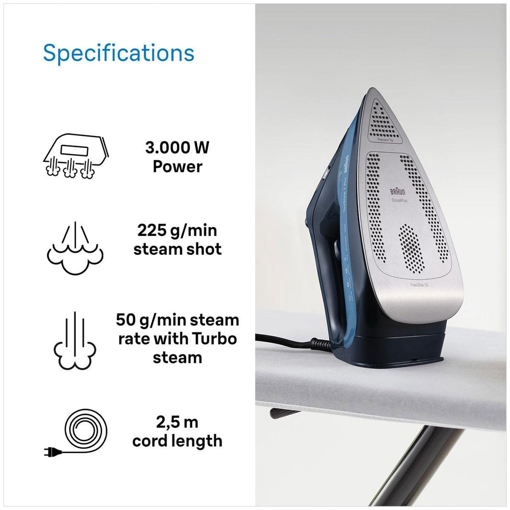 Braun TexStyle 7 Pro Steam Iron with FreeGlide 3D EloxalPlus Soleplate 3100W 225g Steam Shot 300ml Blue