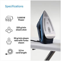 Braun TexStyle 7 Pro Steam Iron with FreeGlide 3D EloxalPlus Soleplate 3100W 225g Steam Shot 300ml Blue