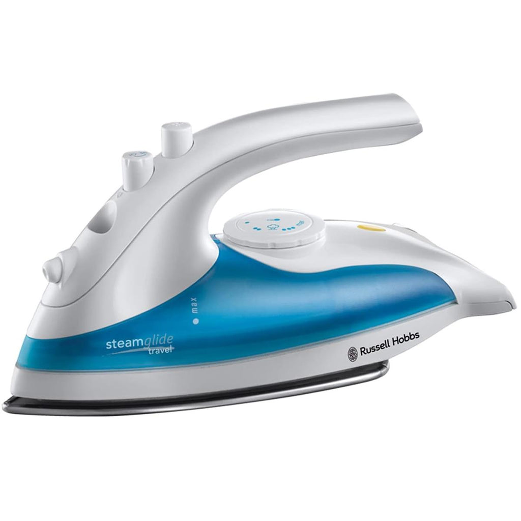 Russell Hobbs Steam Glide Travel Iron Dual Voltage 830W Stainless Steel Soleplate 80ml Tank White And Blue