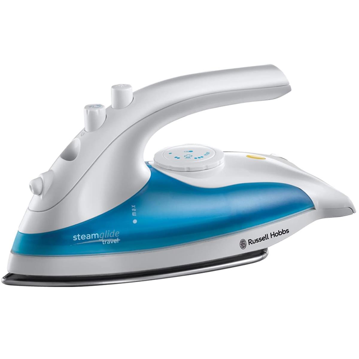 Russell Hobbs Steam Glide Travel Iron Dual Voltage 830W Stainless Steel Soleplate 80ml Tank White And Blue