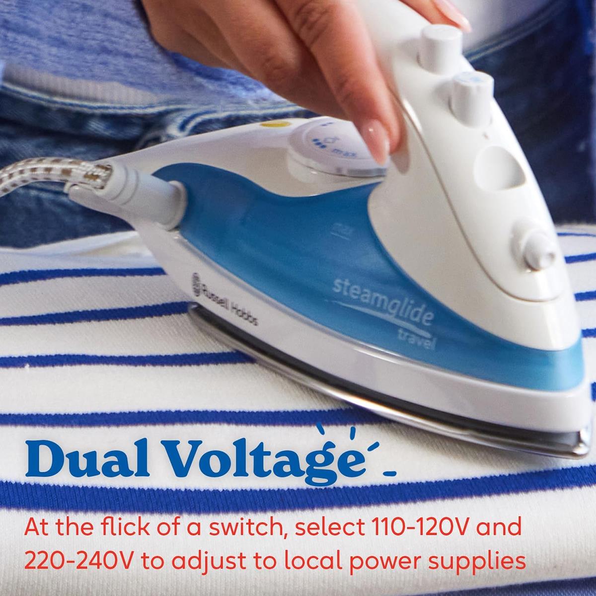Russell Hobbs Steam Glide Travel Iron Dual Voltage 830W Stainless Steel Soleplate 80ml Tank White And Blue