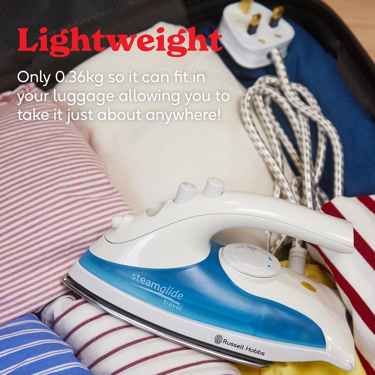 Russell Hobbs Steam Glide Travel Iron Dual Voltage 830W Stainless Steel Soleplate 80ml Tank White And Blue