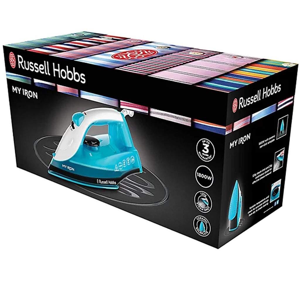 Russell Hobbs My Iron Steam Iron Ceramic Soleplate 1800W 260ml Tank Blue And White