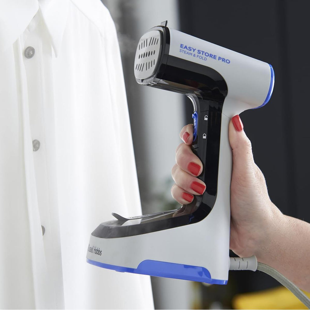 Russell Hobbs Steam Genie Easy Store Handheld Clothes Steamer 1500W Foldable 150ml White & Black