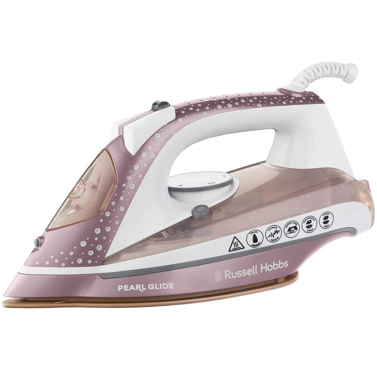 Russell Hobbs Pearl Glide Steam Iron 2600W Pearl Infused Ceramic Soleplate 315ml Champagne
