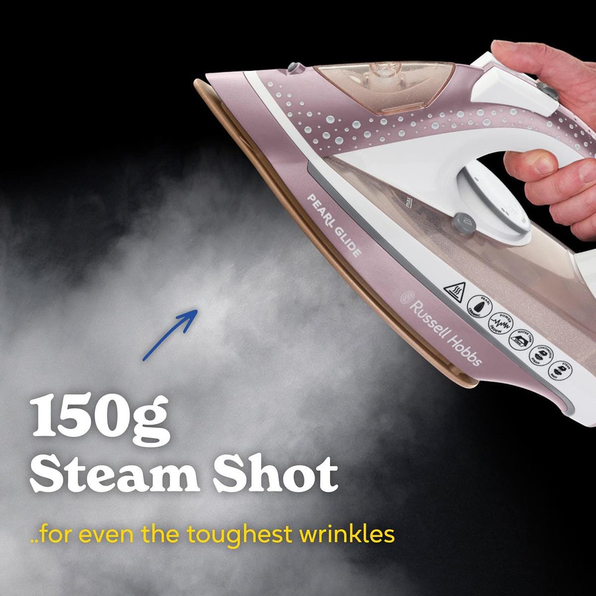 Russell Hobbs Pearl Glide Steam Iron 2600W Pearl Infused Ceramic Soleplate 315ml Champagne
