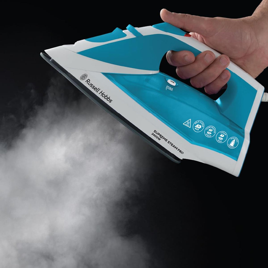 Russell Hobbs Supreme Steam Iron 2400W Non-Stick Ceramic Soleplate 320ml Teal & White