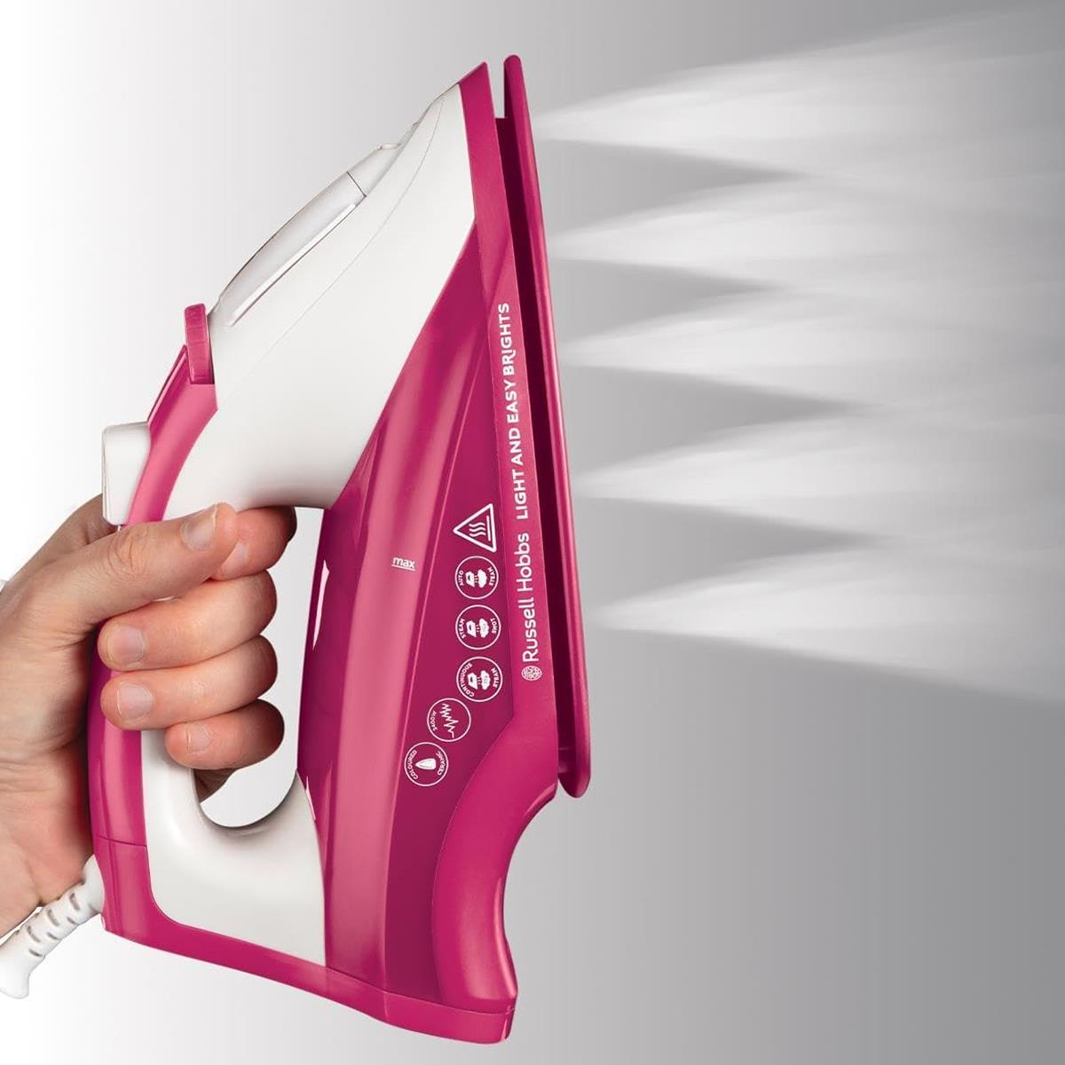 Russell Hobbs Light & Easy Brights Steam Iron 2400W Fabric Softener Infused Ceramic Soleplate 240ml Berry