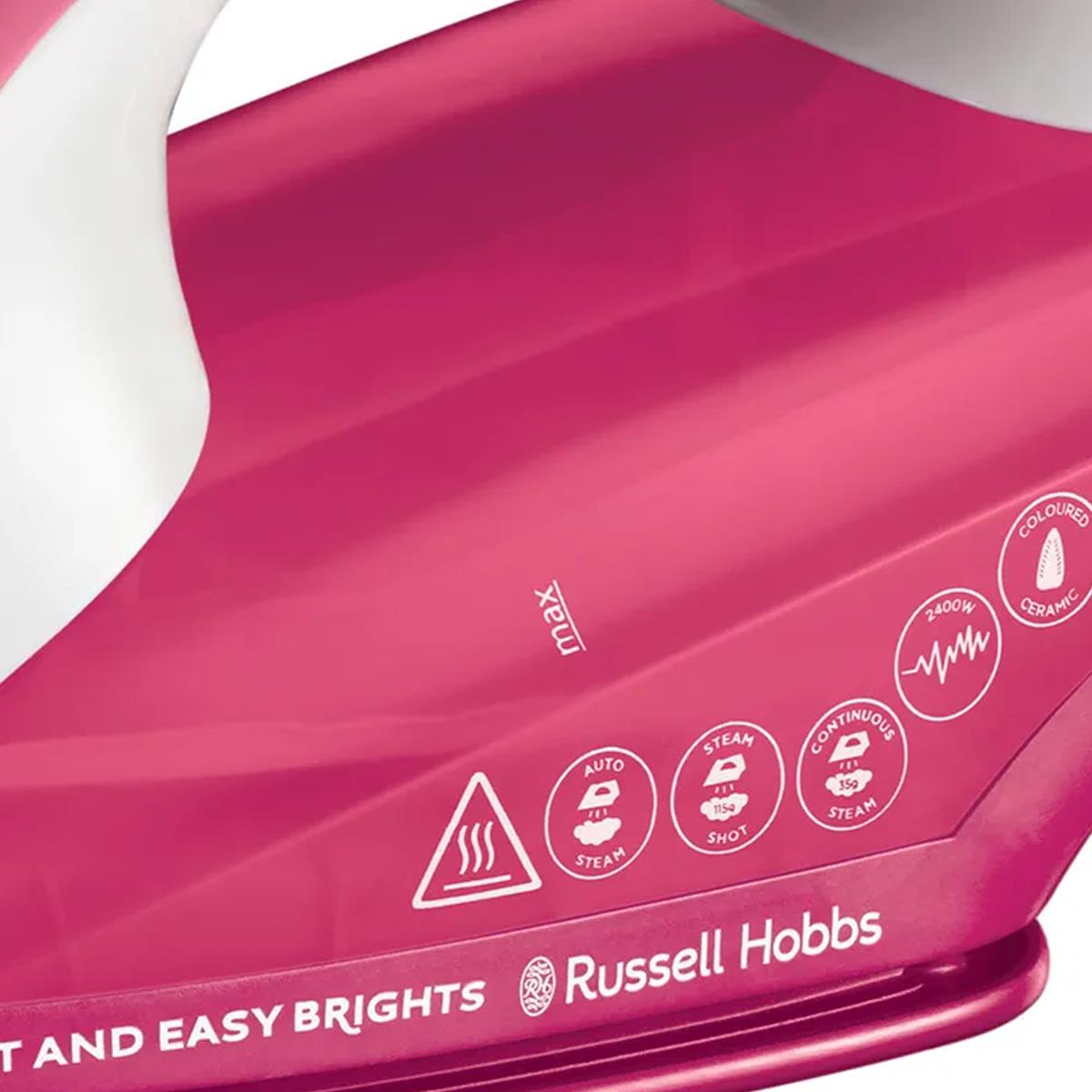Russell Hobbs Light & Easy Brights Steam Iron 2400W Fabric Softener Infused Ceramic Soleplate 240ml Berry