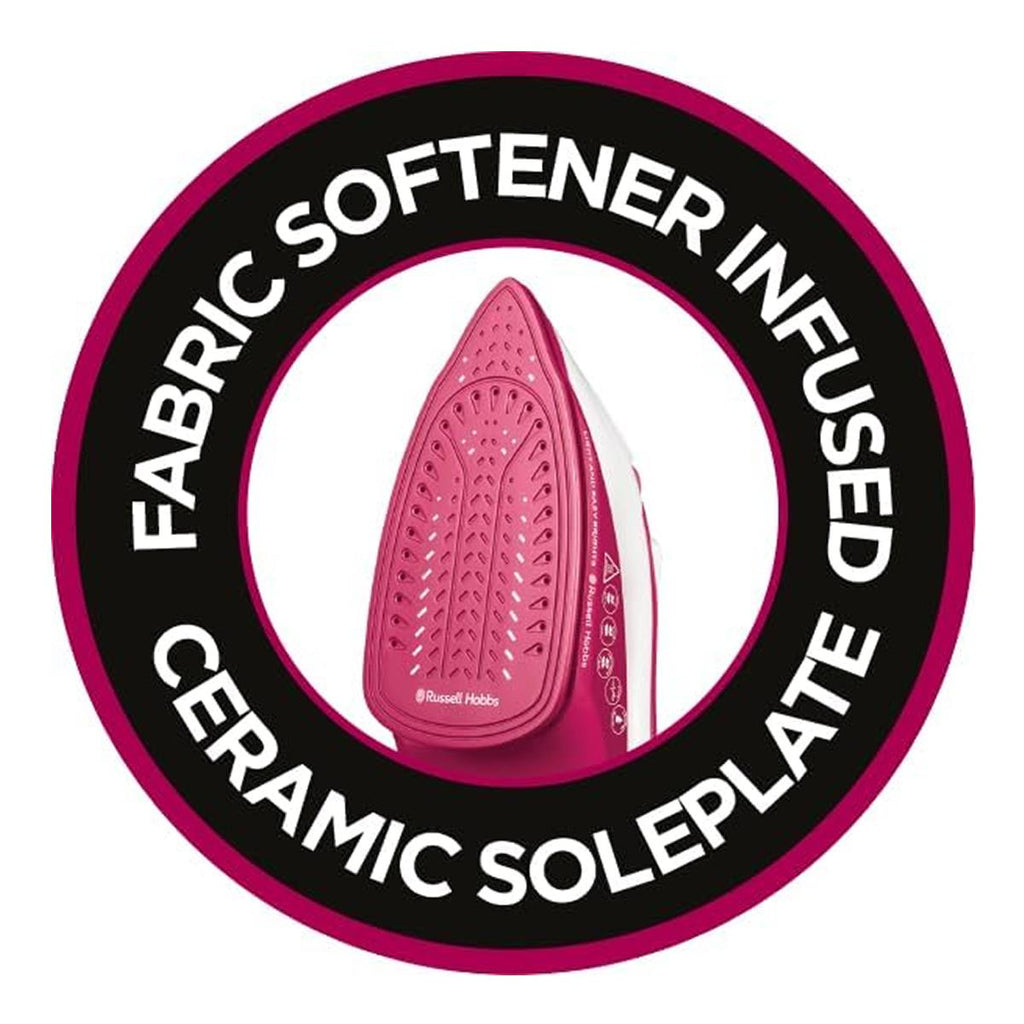Russell Hobbs Light & Easy Brights Steam Iron 2400W Fabric Softener Infused Ceramic Soleplate 240ml Berry