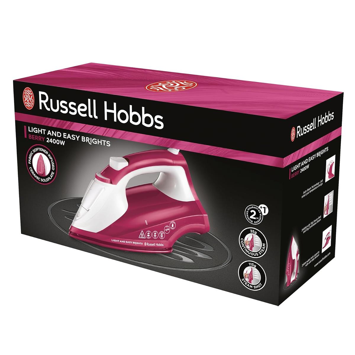 Russell Hobbs Light & Easy Brights Steam Iron 2400W Fabric Softener Infused Ceramic Soleplate 240ml Berry