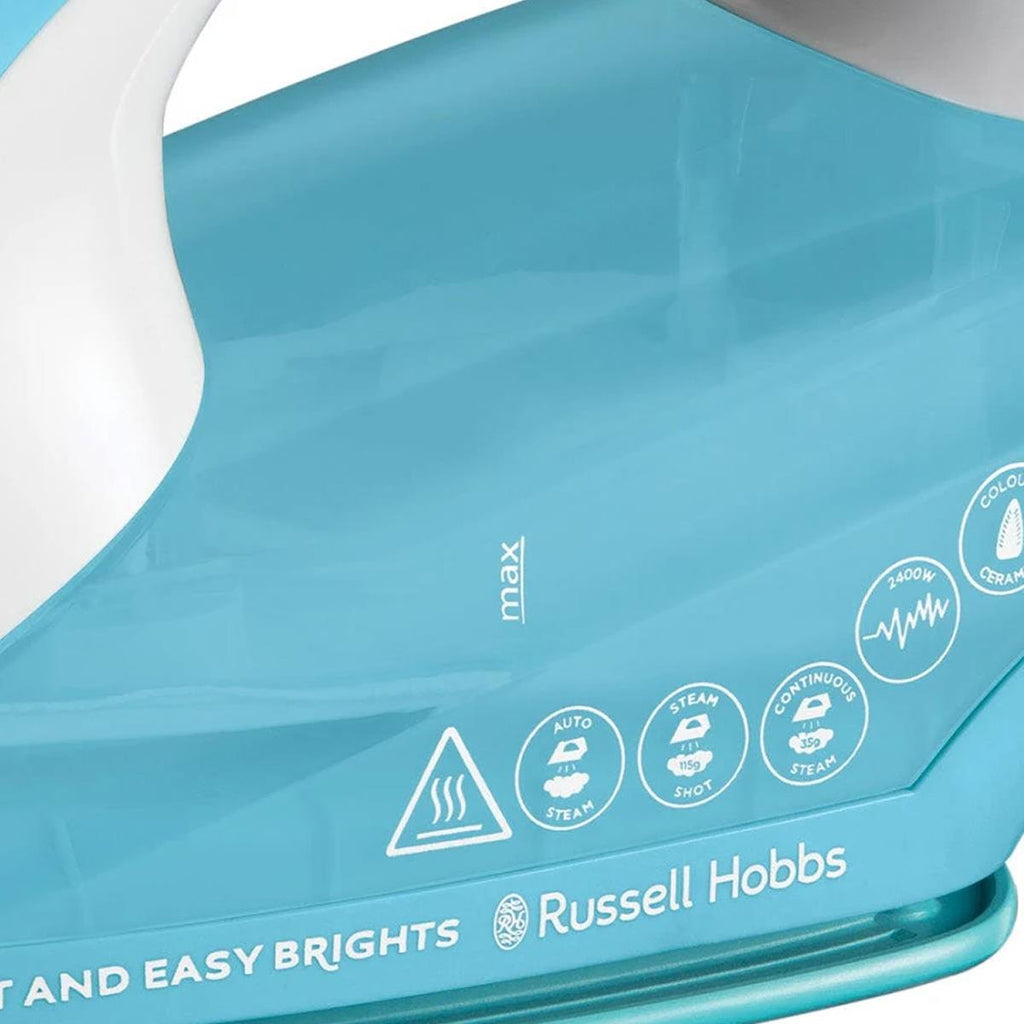 Russell Hobbs Light & Easy Brights Aqua Steam Iron 2400W Fabric Softener Infused Ceramic Soleplate 240ml