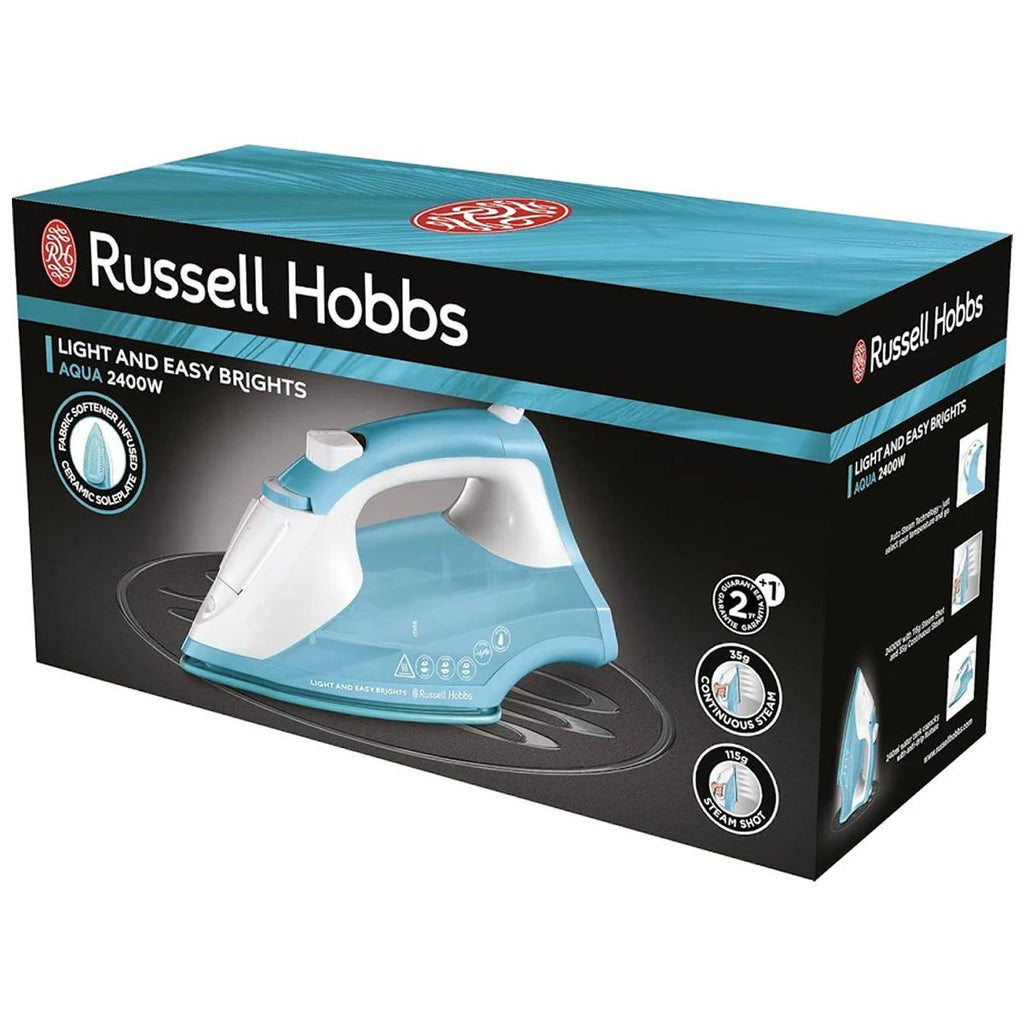 Russell Hobbs Light & Easy Brights Aqua Steam Iron 2400W Fabric Softener Infused Ceramic Soleplate 240ml