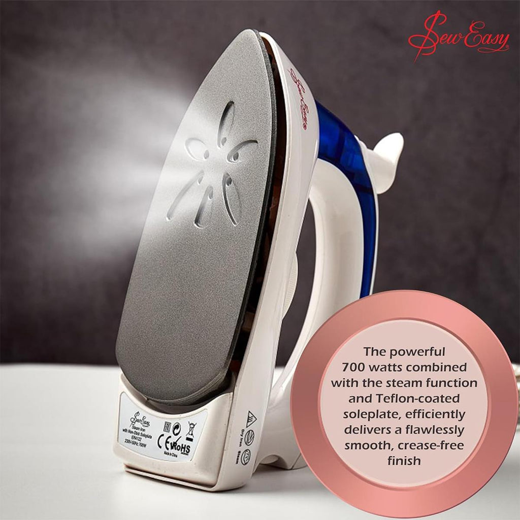 Sew Easy Mini Steam Iron 700W Foldable Handle Teflon Non-Stick Aluminium Soleplate White And Blue