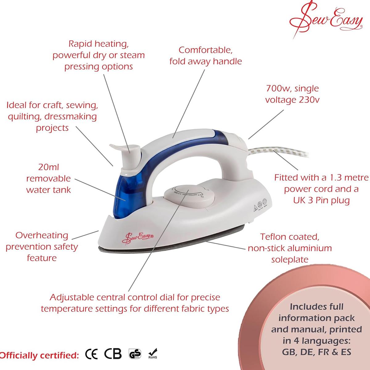 Sew Easy Mini Steam Iron 700W Foldable Handle Teflon Non-Stick Aluminium Soleplate White And Blue