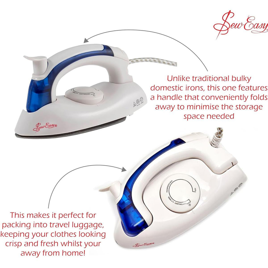 Sew Easy Mini Steam Iron 700W Foldable Handle Teflon Non-Stick Aluminium Soleplate White And Blue