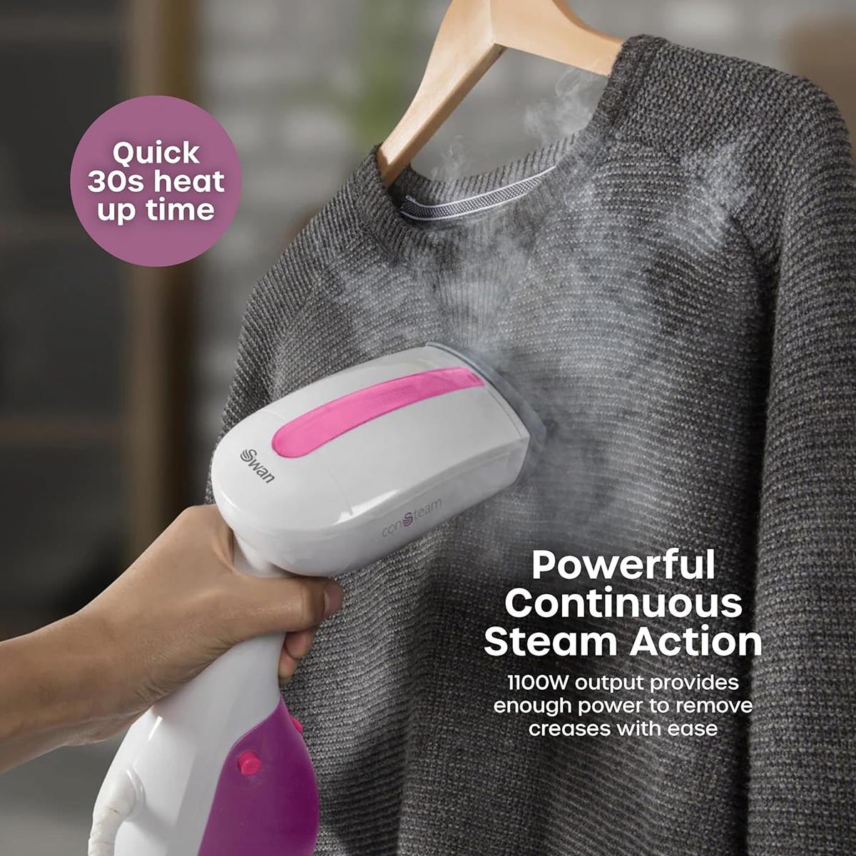 Swan Handheld Garment Steamer 1100W 250ml Water Tank Removable Fabric Brush White And Pink Secondary image