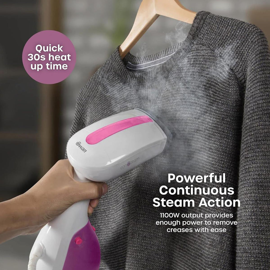 Swan Handheld Garment Steamer 1100W 250ml Water Tank Removable Fabric Brush White And Pink