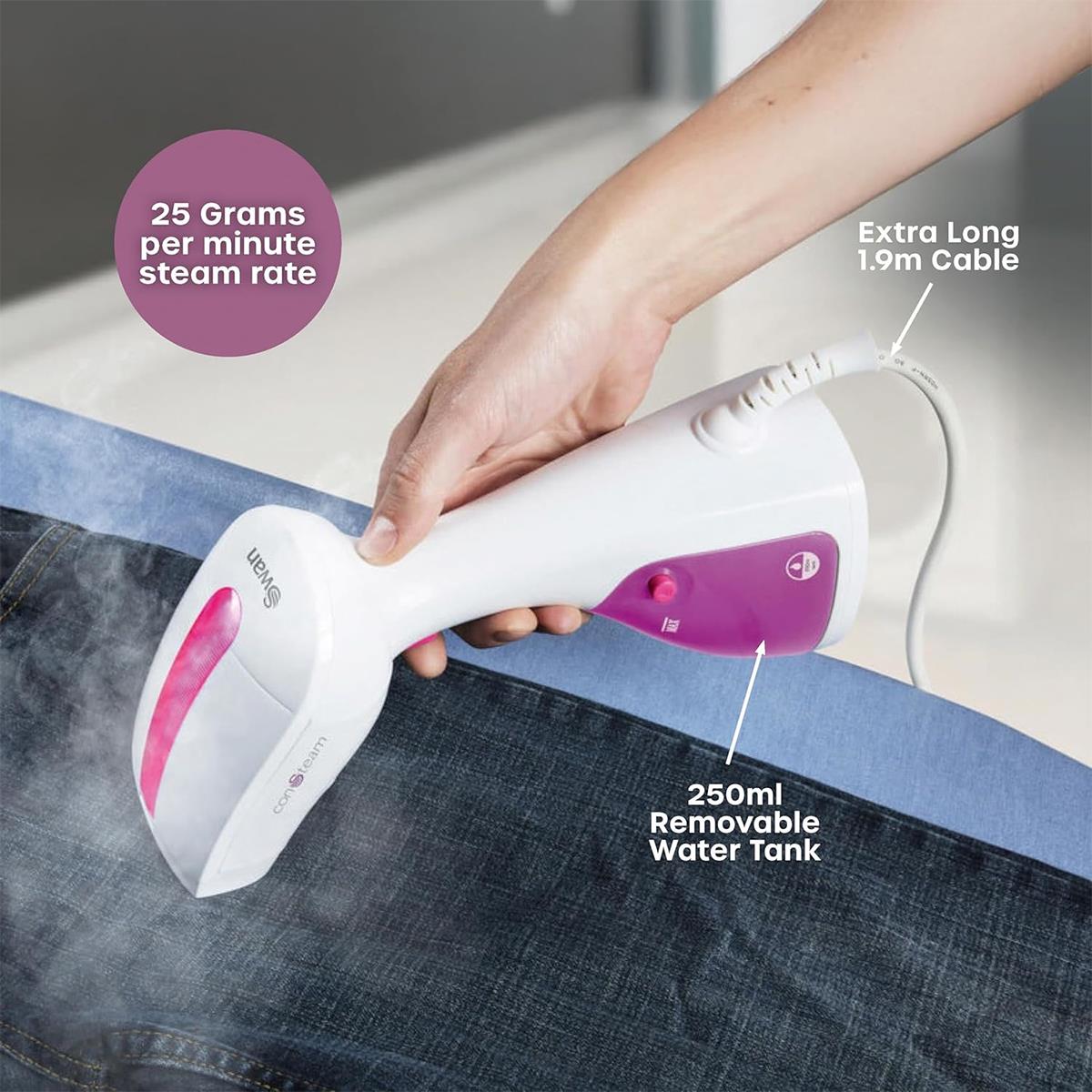 Swan Handheld Garment Steamer 1100W 250ml Water Tank Removable Fabric Brush White And Pink