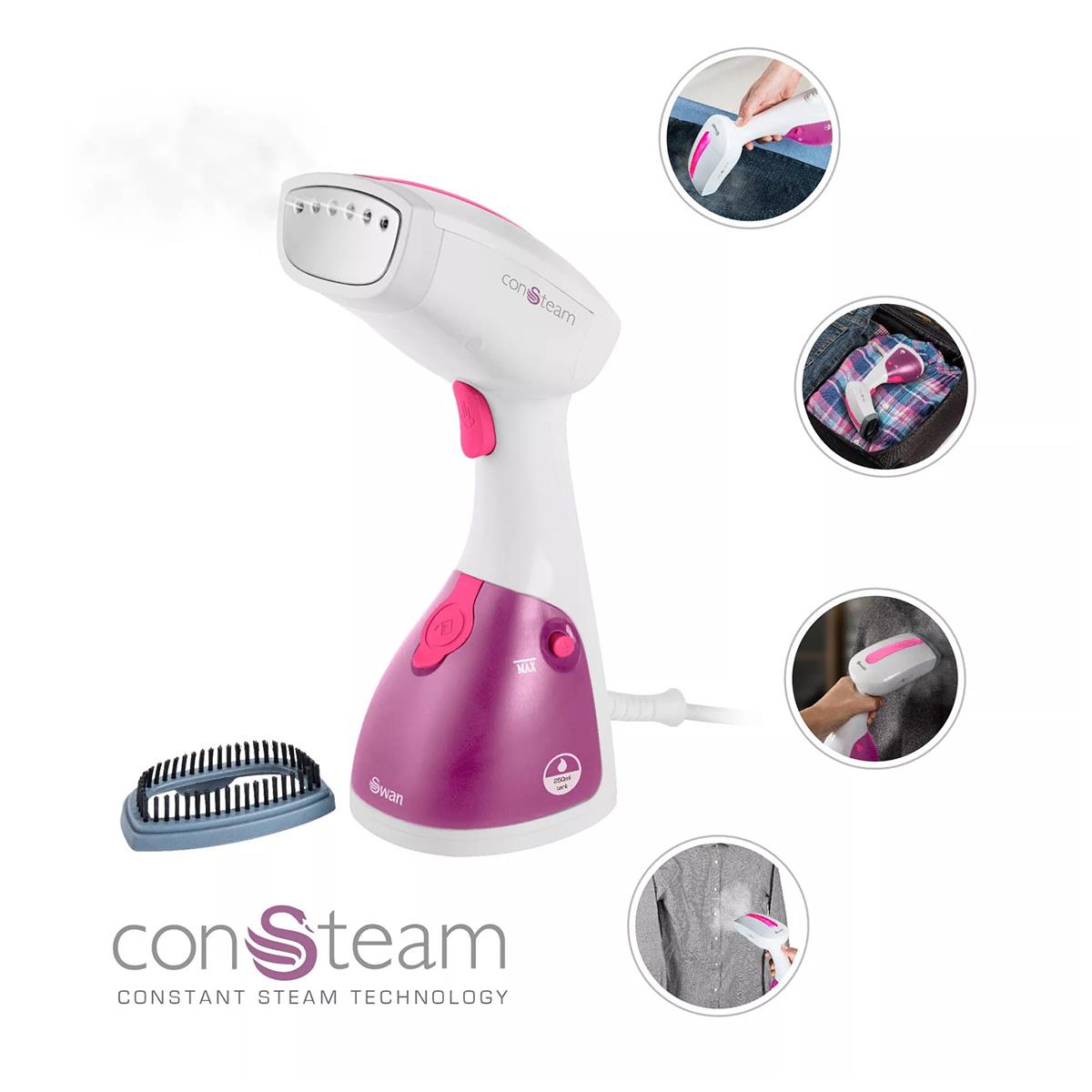 Swan Handheld Garment Steamer 1100W 250ml Water Tank Removable Fabric Brush White And Pink
