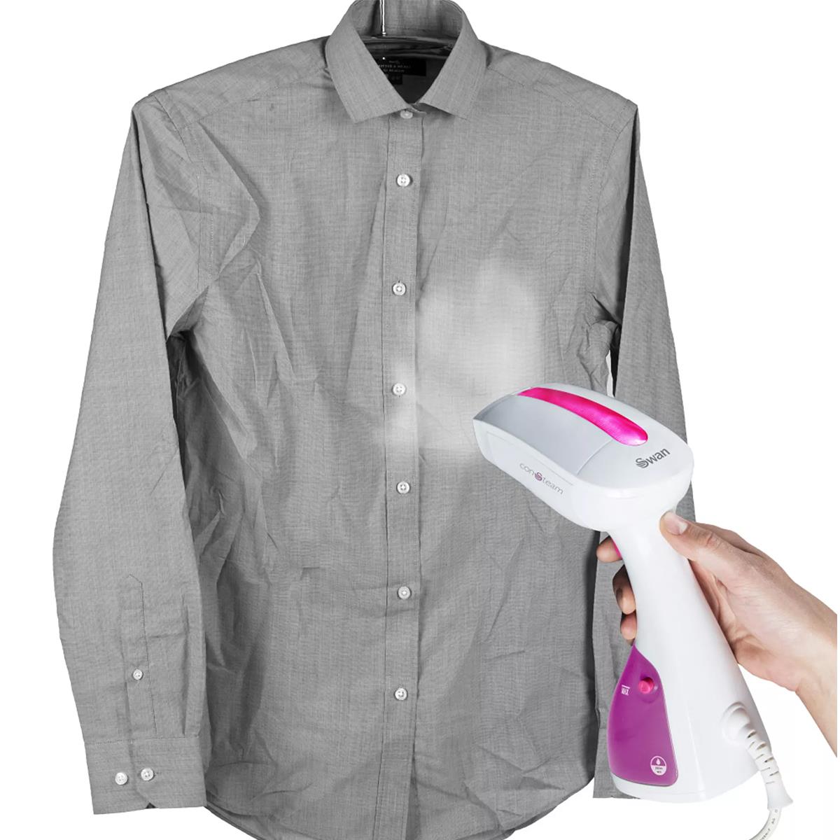 Swan Handheld Garment Steamer 1100W 250ml Water Tank Removable Fabric Brush White And Pink