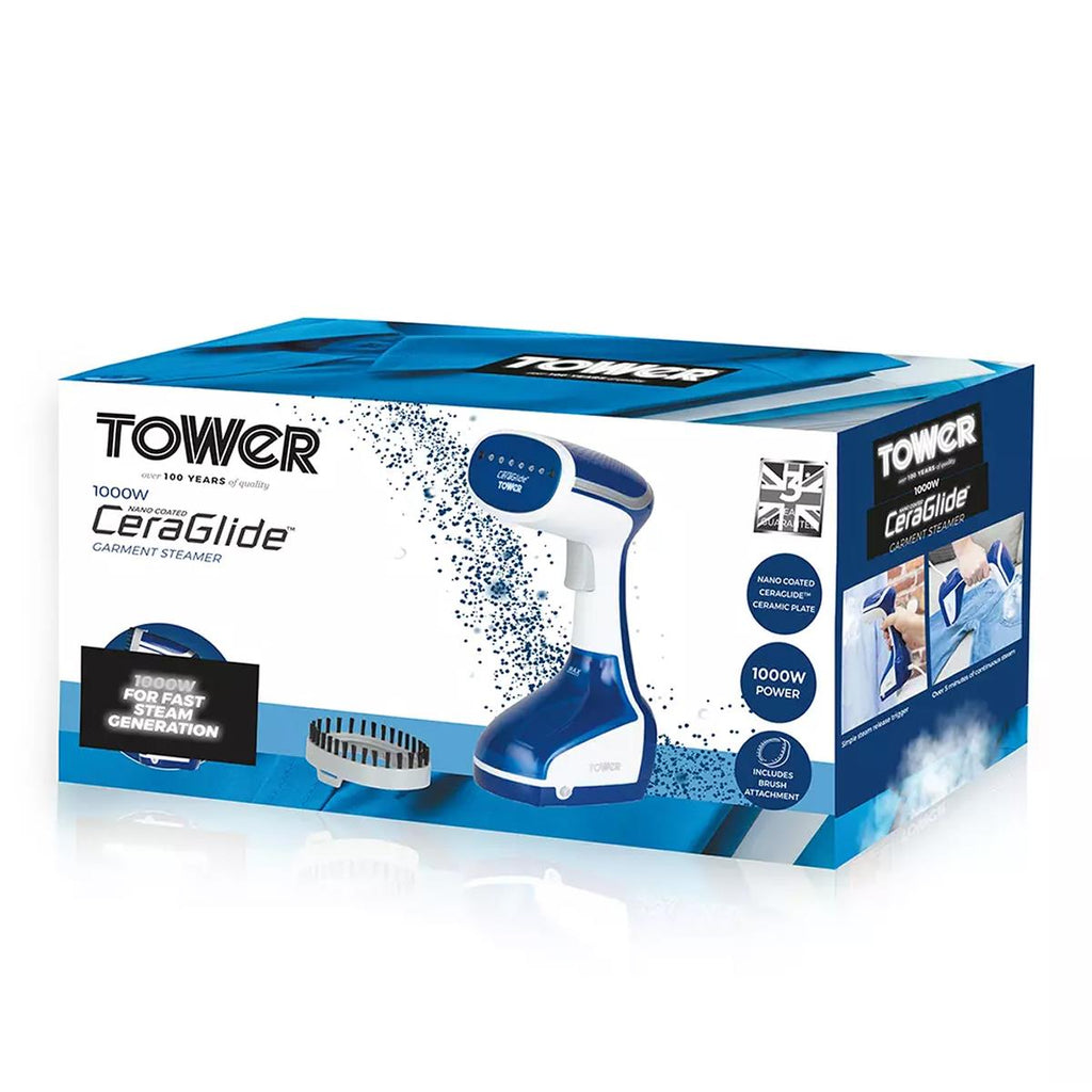 Tower Garment Steamer 1000W Handheld Clothes Steamer With Ceramic Soleplate 200ml Tank Blue And White