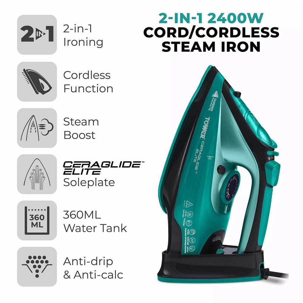 Tower Ceraglide 2400W Cordless Steam Iron With Ceramic Soleplate 360ml Water Tank Variable Steam Teal