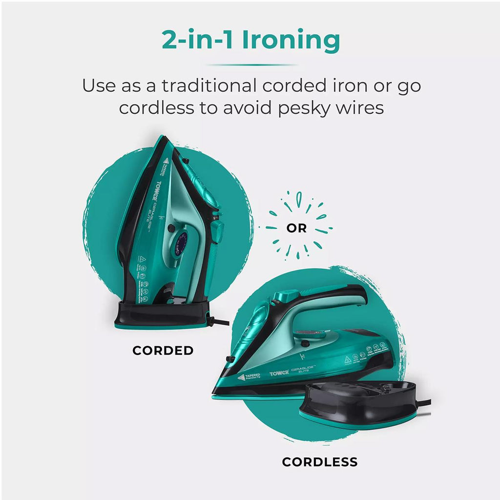 Tower Ceraglide 2400W Cordless Steam Iron With Ceramic Soleplate 360ml Water Tank Variable Steam Teal