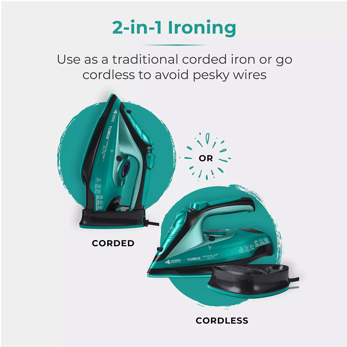 Tower Ceraglide 2400W Cordless Steam Iron With Ceramic Soleplate 360ml Water Tank Variable Steam Teal