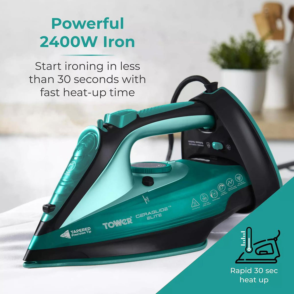 Tower Ceraglide 2400W Cordless Steam Iron With Ceramic Soleplate 360ml Water Tank Variable Steam Teal