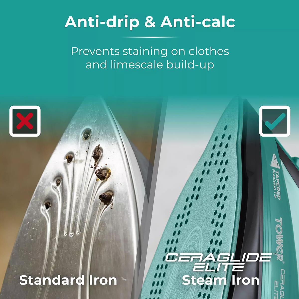 Tower Ceraglide 2400W Cordless Steam Iron With Ceramic Soleplate 360ml Water Tank Variable Steam Teal