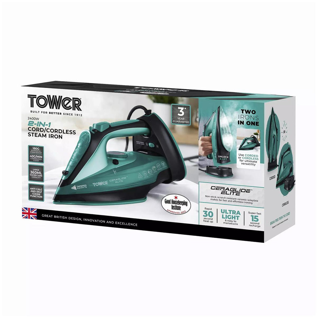 Tower Ceraglide 2400W Cordless Steam Iron With Ceramic Soleplate 360ml Water Tank Variable Steam Teal